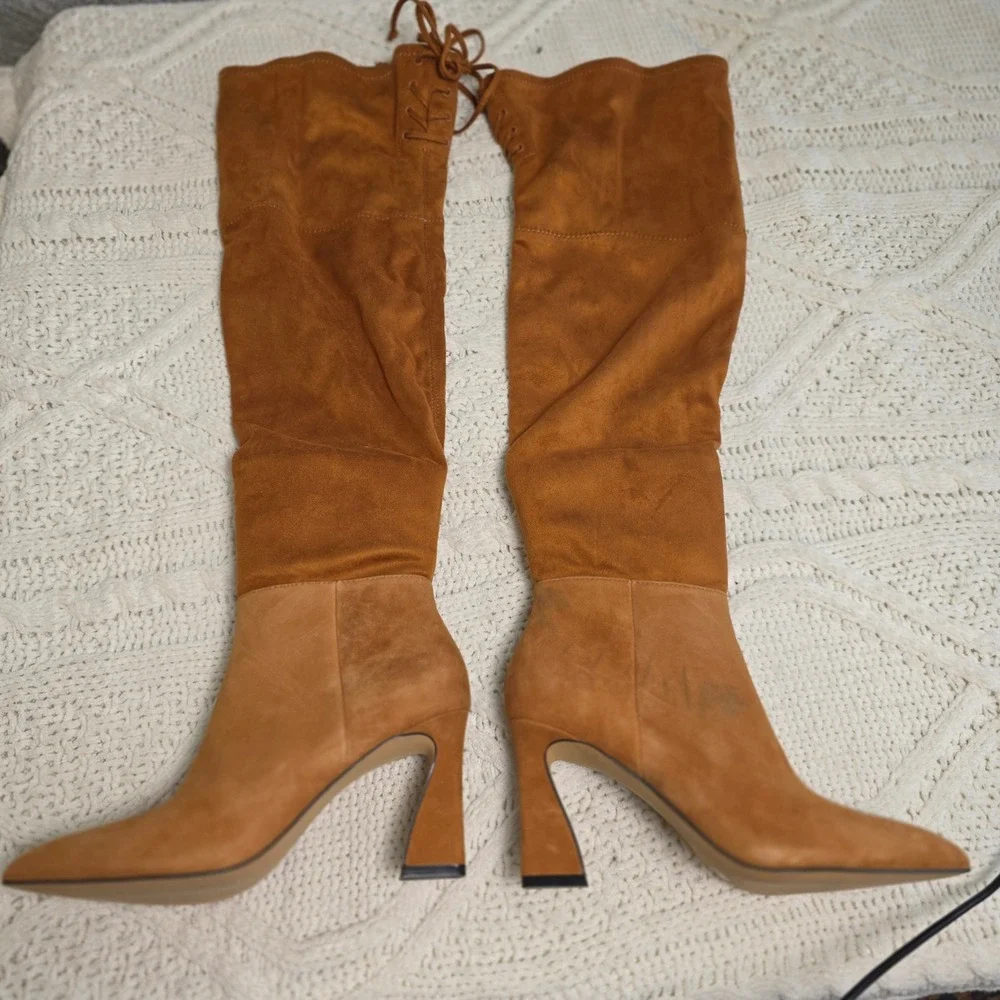 Vince Camuto Over The Knee Lace Up‎ Boots 5.5 WIDE CALF Womens Brown Pointed Toe